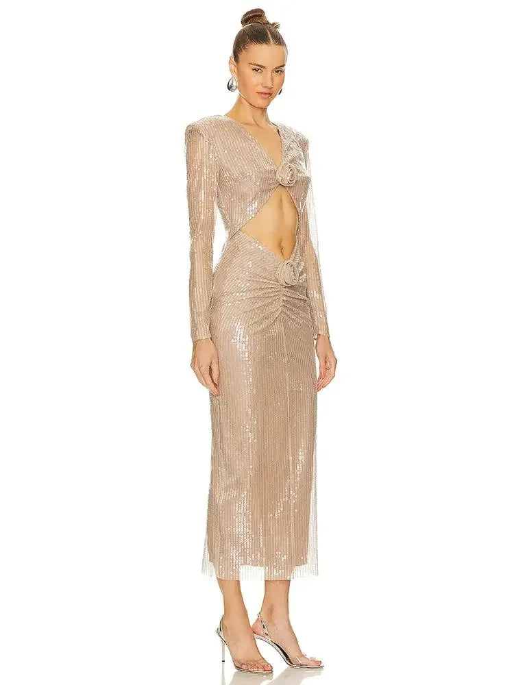 V-neck Sequin Hollow Midi Dress VestiVogue