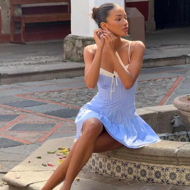 Blue Striped Mini Suspender Dress with Spaghetti Straps VestiVogue