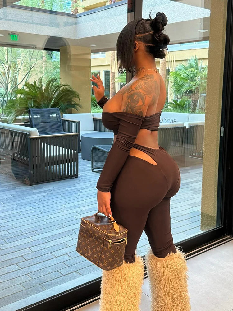 Chic Slash Neck Crop Top & High-Waist Hollow Leggings Set VestiVogue