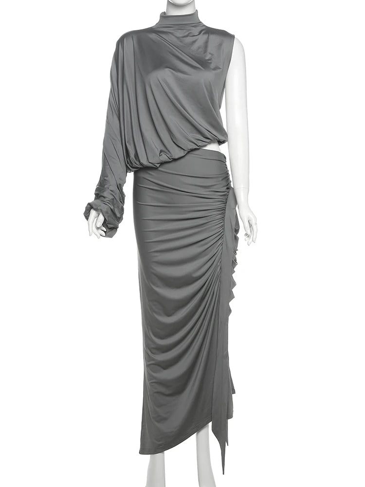 Chic Turtleneck & Ruched Skirt Set VestiVogue