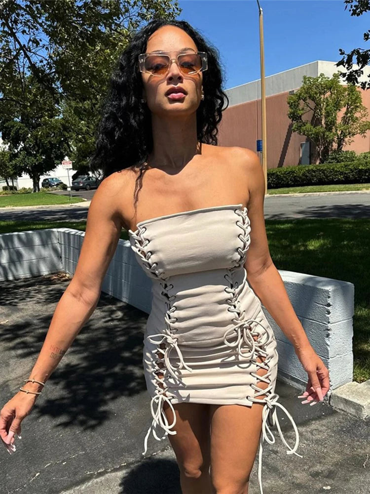 Hollow Bandage Off-Shoulder Corset Set with Mini Skirt VestiVogue