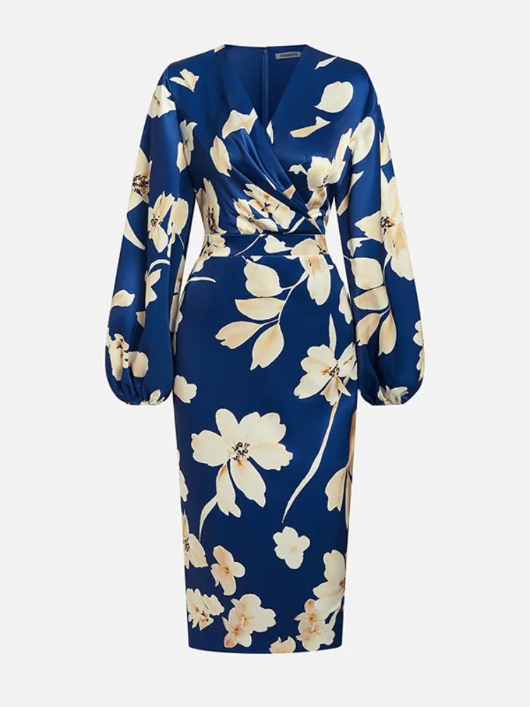 Floral V-Neck Puff Sleeve Bodycon Midi Dress VestiVogue DEEP BLUE L