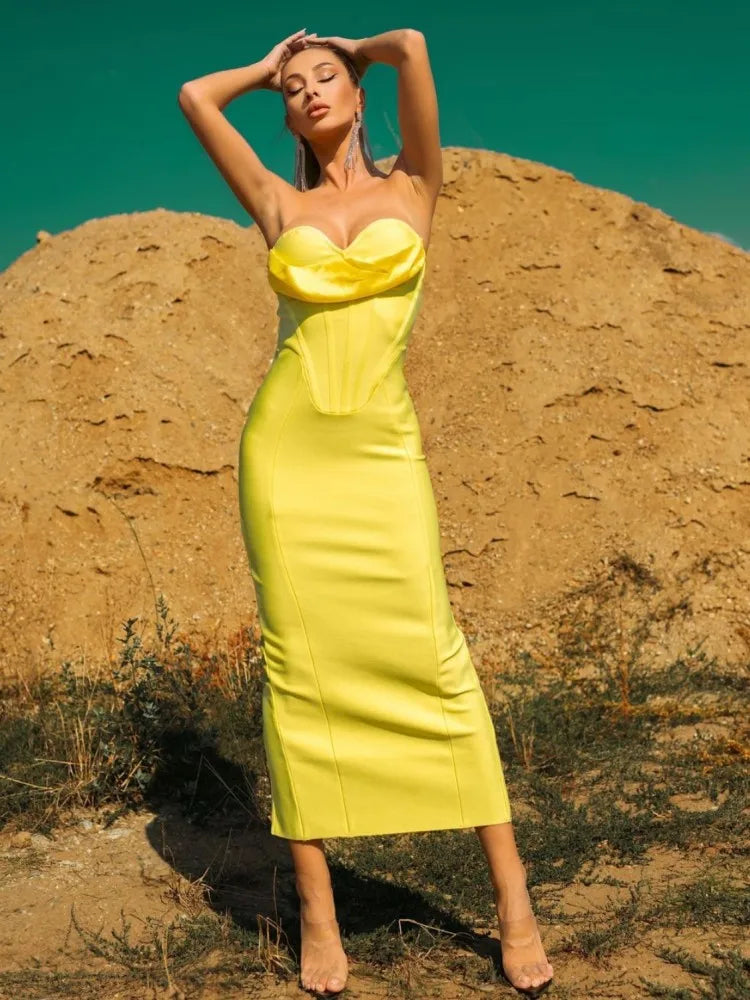 Strapless Yellow Bandage Midi Dress VestiVogue