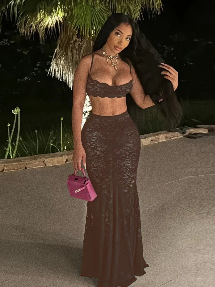 Luxe Lace 2-Piece Midriff Camisole and Long Skirt Set VestiVogue
