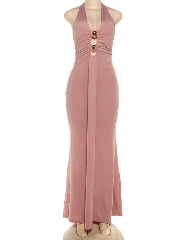 Hollow Backless Halter Long Dress with Ribbon Details VestiVogue