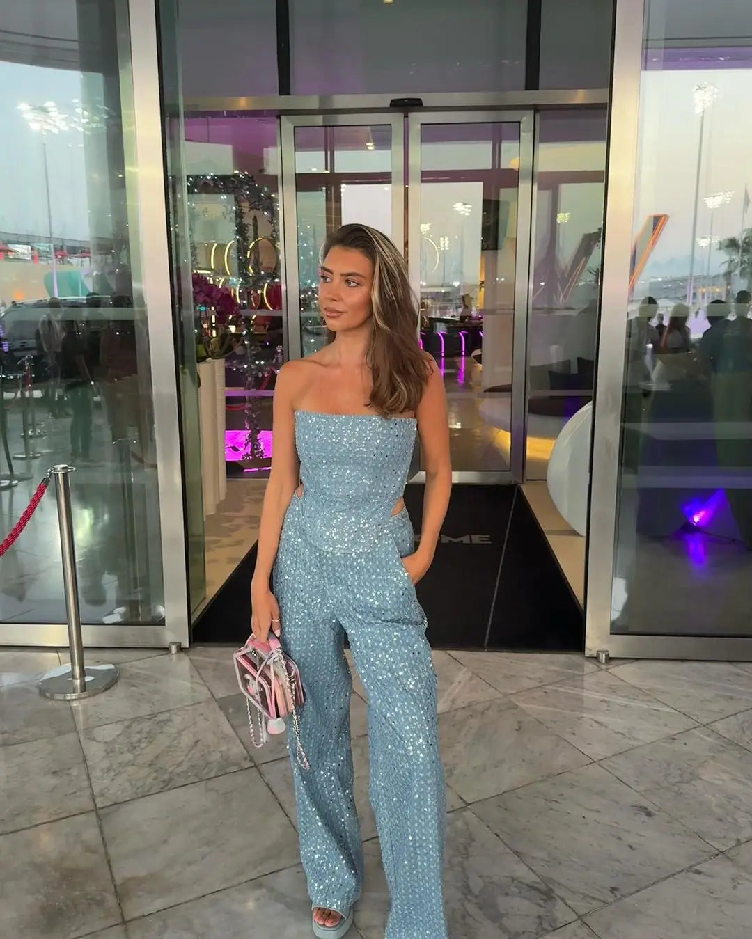 Sequinned Denim Strapless Crop Top & Wide Leg Pants Set VestiVogue