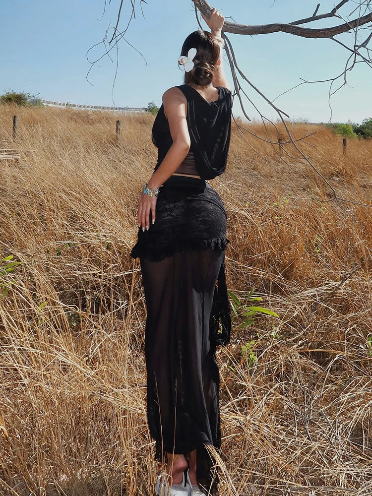 Hooded Crop Top & Ruched Skirt 4 Piece Set VestiVogue