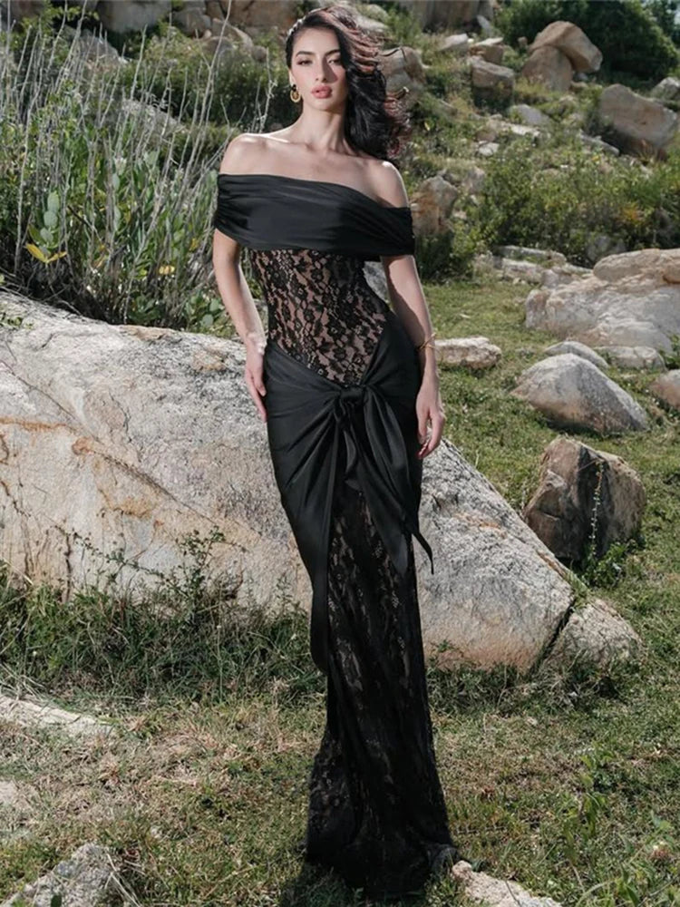 Lace Patchwork Off-Shoulder Maxi Dress VestiVogue