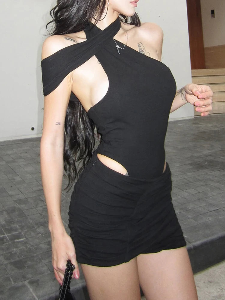 Irregular Halter Backless Bodycon Dress VestiVogue black S