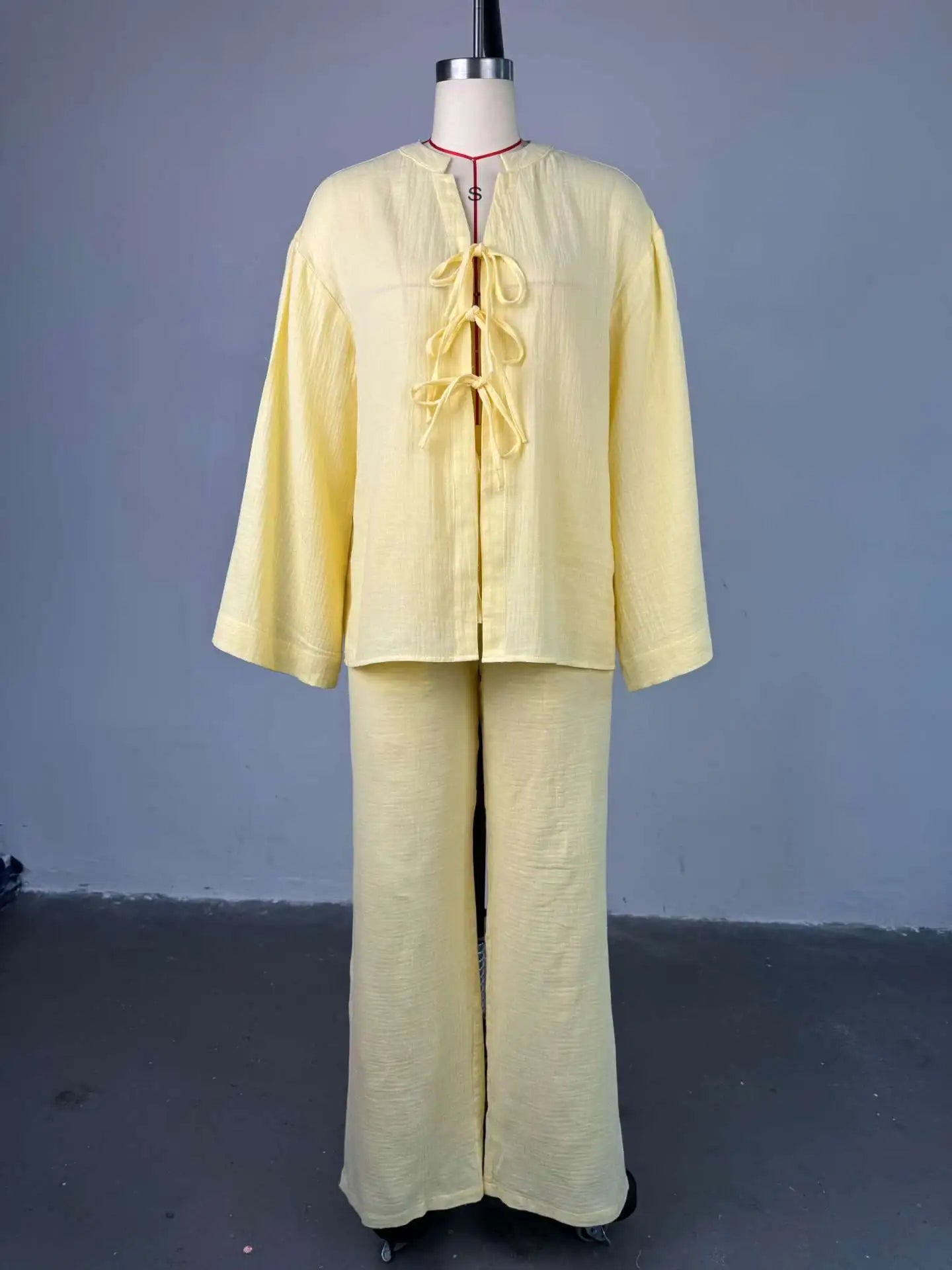 Chic Lace Up V-Neck and Wide Leg Trousers Set VestiVogue