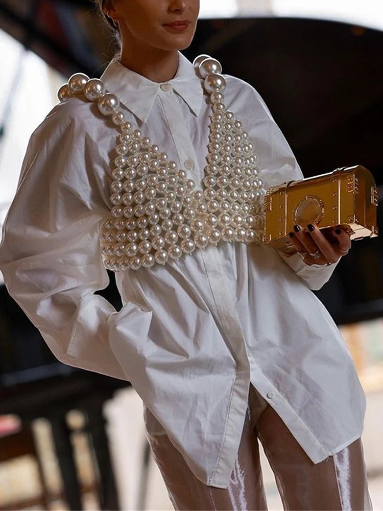 Elegant Backless V Neck Pearls Crop Top VestiVogue