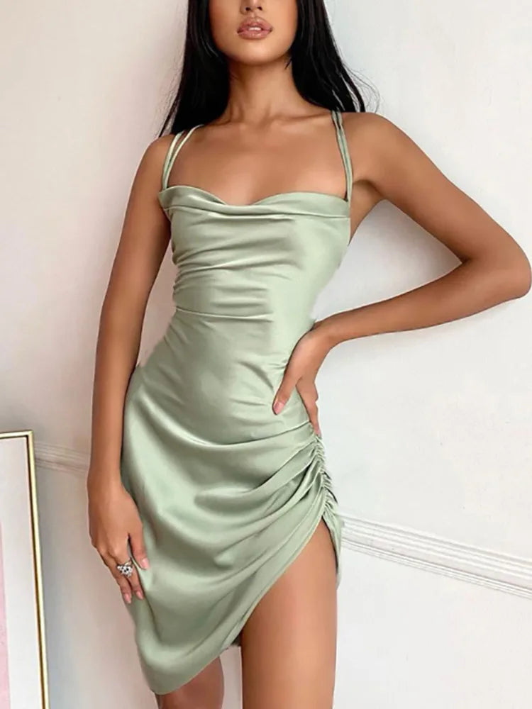 Satin Backless Bodycon Dress with Spaghetti Straps VestiVogue