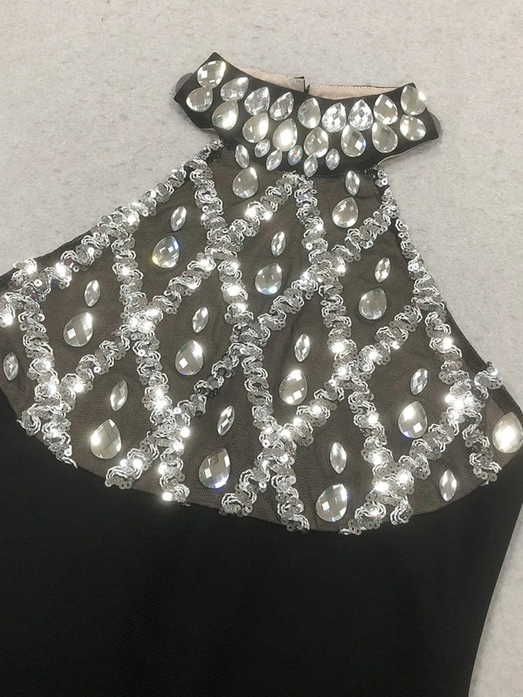 Elegant Black Halter Beaded Bodycon Maxi Dress VestiVogue