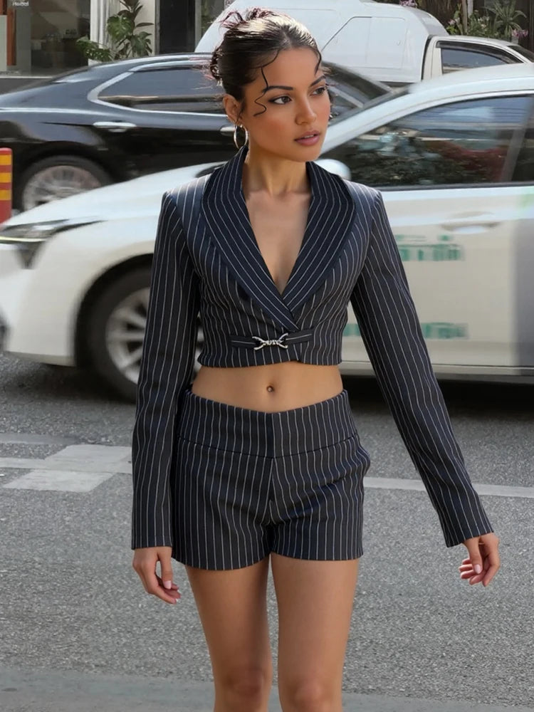 Striped V-Neck Crop Top and Mini Shorts Set VestiVogue Blue S