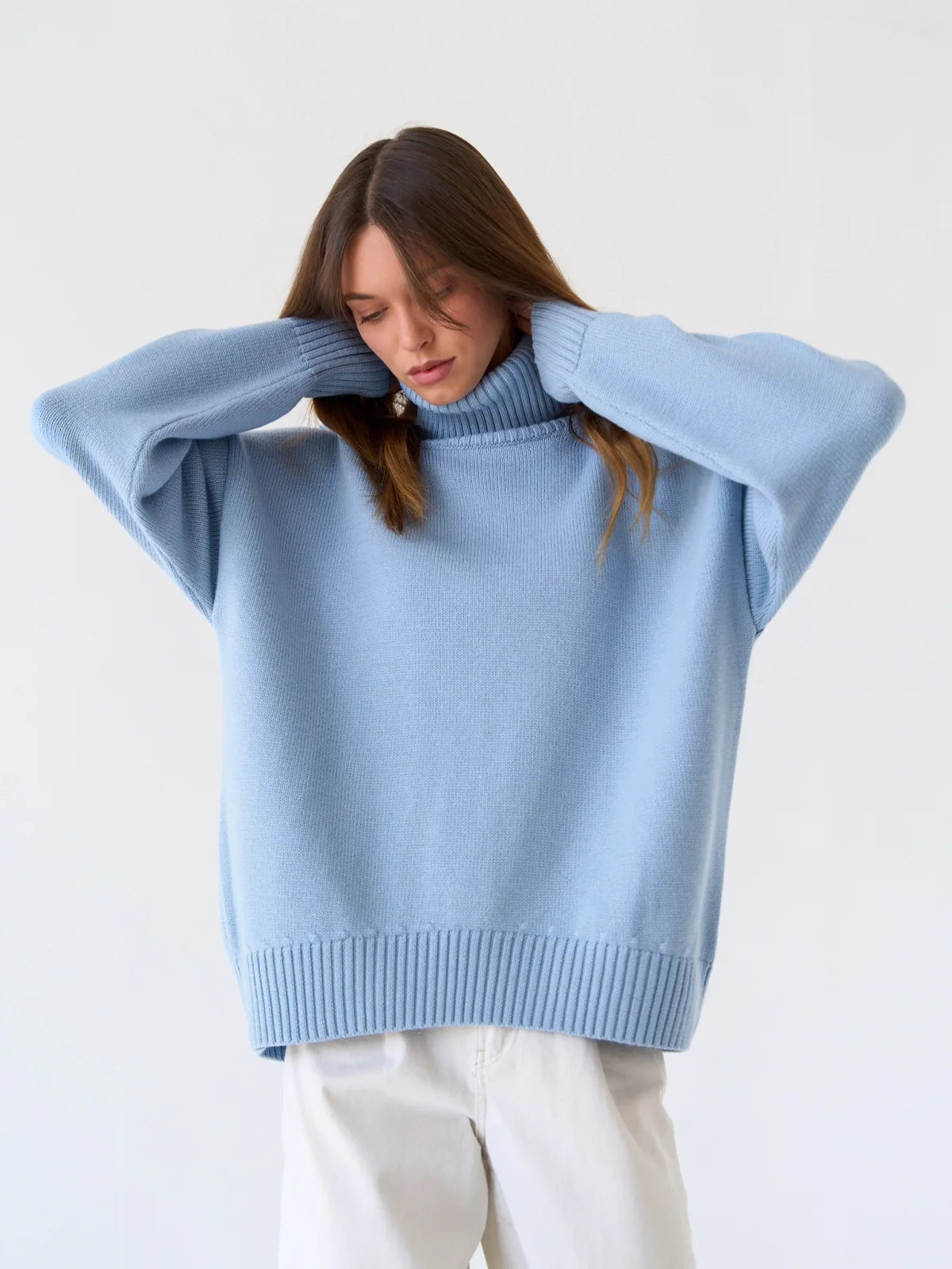 Oversized Women's White Turtleneck Knit Pullover Sweater VestiVogue SKY BLUE M