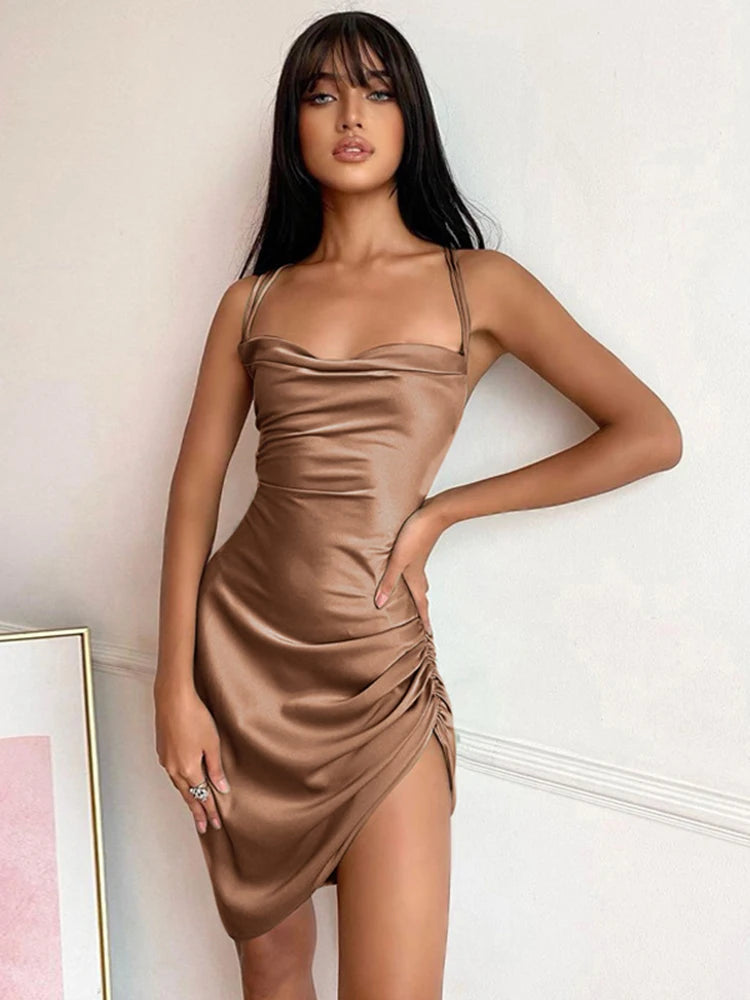 Satin Backless Bodycon Dress with Spaghetti Straps VestiVogue Brown L