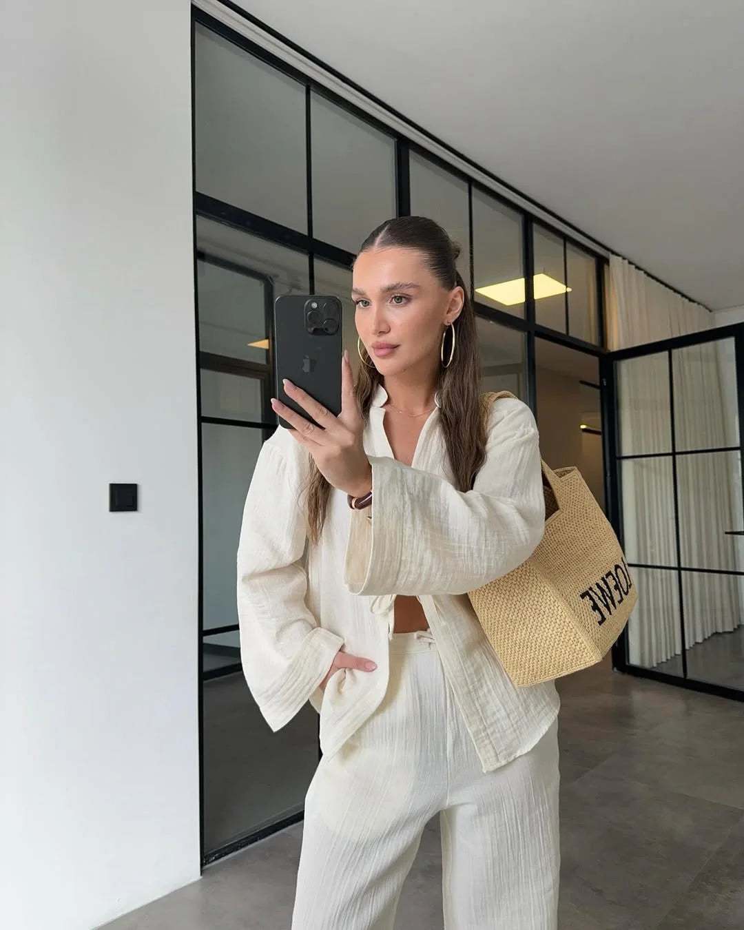 Chic Lace Up V-Neck and Wide Leg Trousers Set VestiVogue