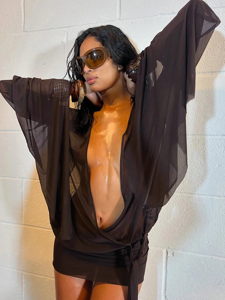 Asymmetrical Mesh Mini Dress with Long Sleeves VestiVogue