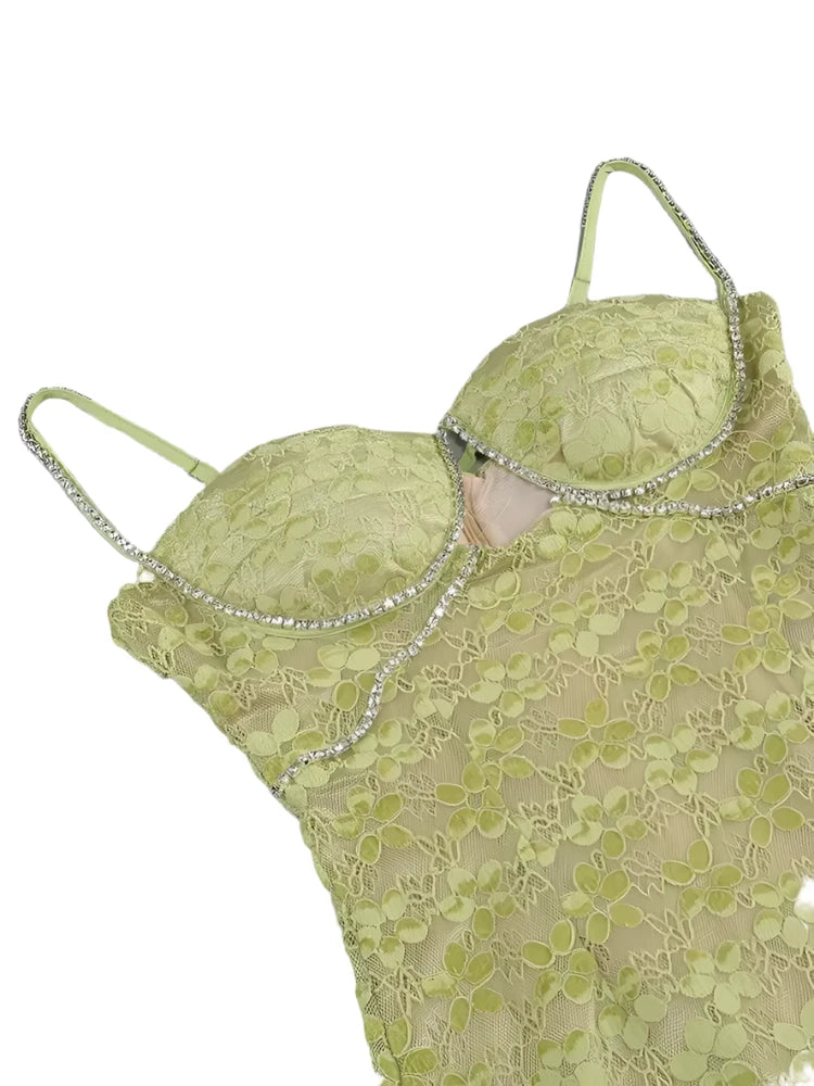 Lace Crystal Green Midi Dress VestiVogue