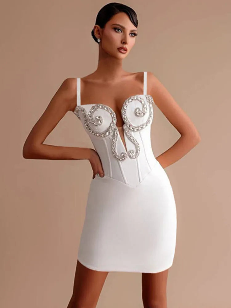 Diamante Backless Sleeveless Mini Bodycon Dress VestiVogue WHITE XS