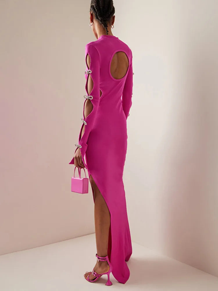 Hot Pink Crystal Bow Tie Long Sleeve Maxi Dress VestiVogue