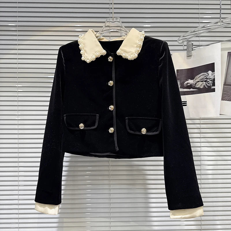 Beaded Velvet A-line Two-Piece Set with Short Jacket VestiVogue