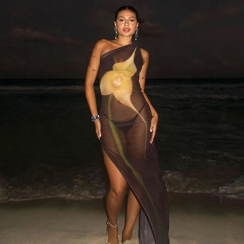 One-Shoulder See-Through Mesh Slit Dress VestiVogue