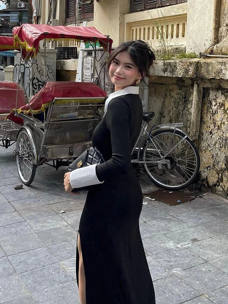 Chic Panelled Maxi Dress with Turn-Down Collar and Full-Length Sleeves VestiVogue