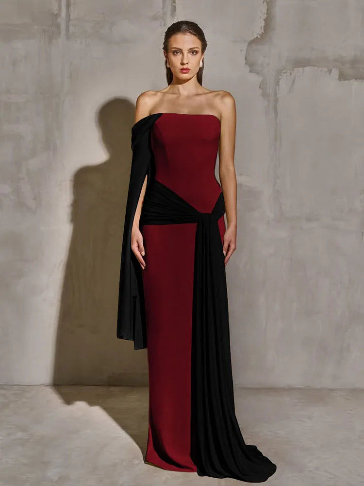 Colour-Block One-Shoulder Bell Sleeve Dress VestiVogue