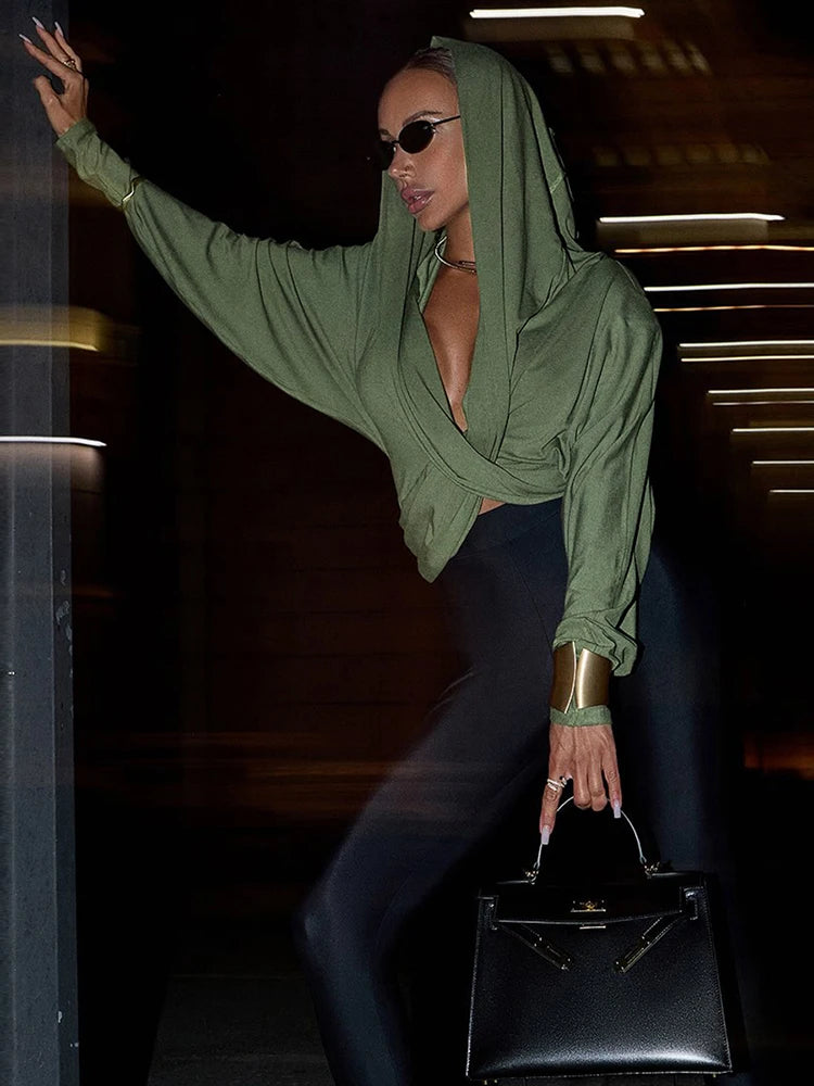 Ruched V-Neck Hooded Top with Full Sleeves VestiVogue