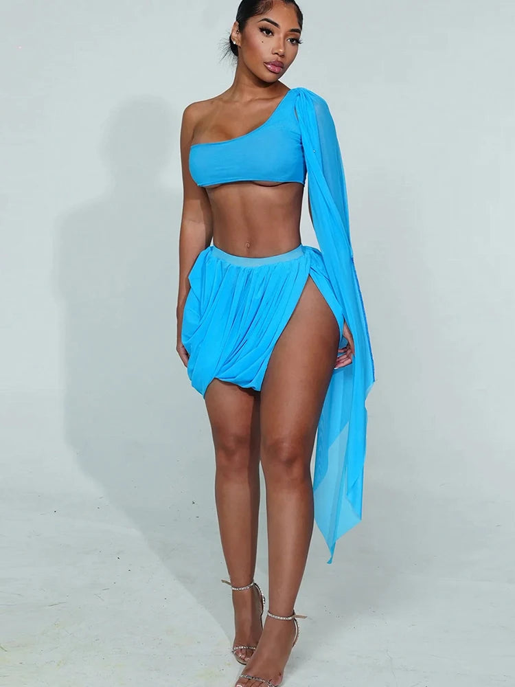 Chic Irregular Hem Pleated Two-Piece Set with Single Sleeve Tank VestiVogue Blue L