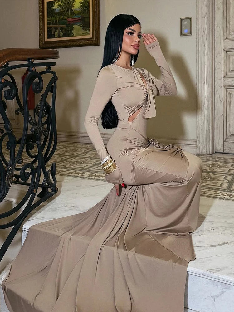 Chic Cross Ruched Maxi Dress with Cut-Out and Full Sleeves VestiVogue Khaki S