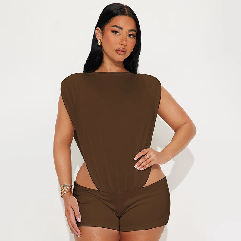 Sleeveless Hollow-Out Bodysuit & Ultra Short Pants Set VestiVogue Brown L