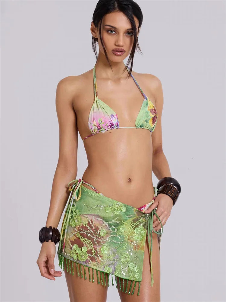 Floral Print 3 Piece Beach Set VestiVogue