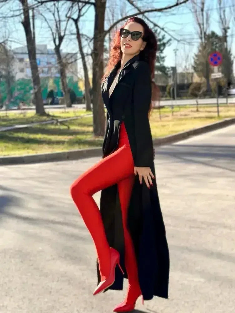 Elegant Extra-Long Notched Collar Blazer Coat with Split-Side Design VestiVogue