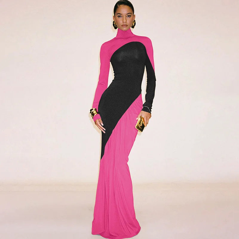 Chic Contrast Patchwork Turtleneck Dress with Full Sleeves VestiVogue