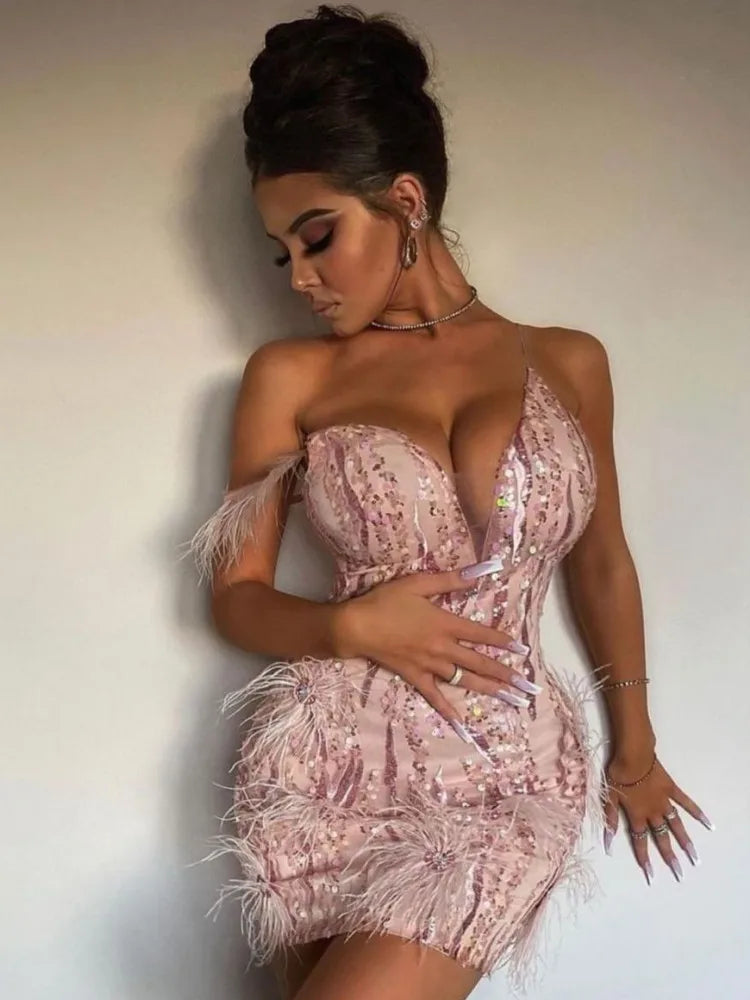 Pink Sparkle Feather Mini Bodycon Dress VestiVogue