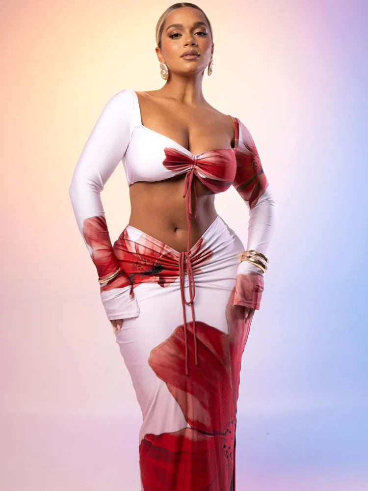 V-Neck Lace-Up Two-Piece Set with Long Skirt VestiVogue