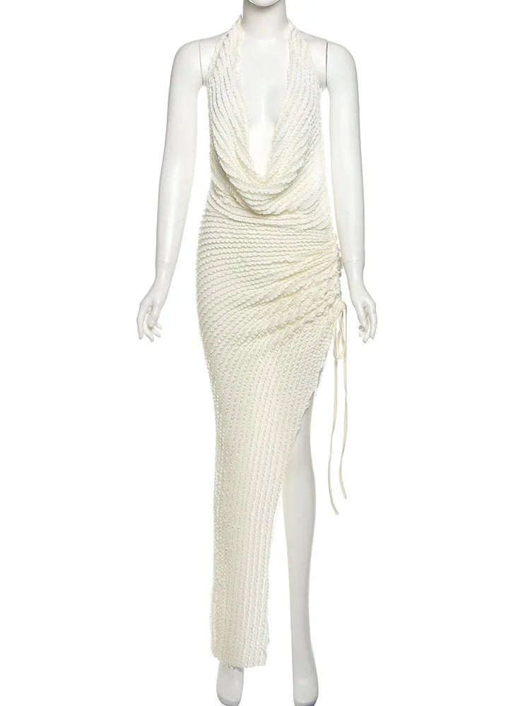 Ruffles Patchwork Halter Dress with Side Shirring VestiVogue