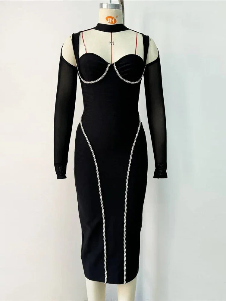 Halter Midi Bandage Dress with Mesh Sleeves and Hollow Out Design VestiVogue black XS