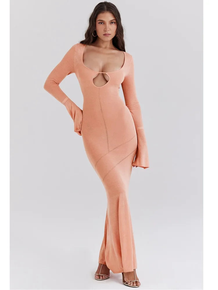 Hollow Knit Long Sleeve Sheath Dress VestiVogue