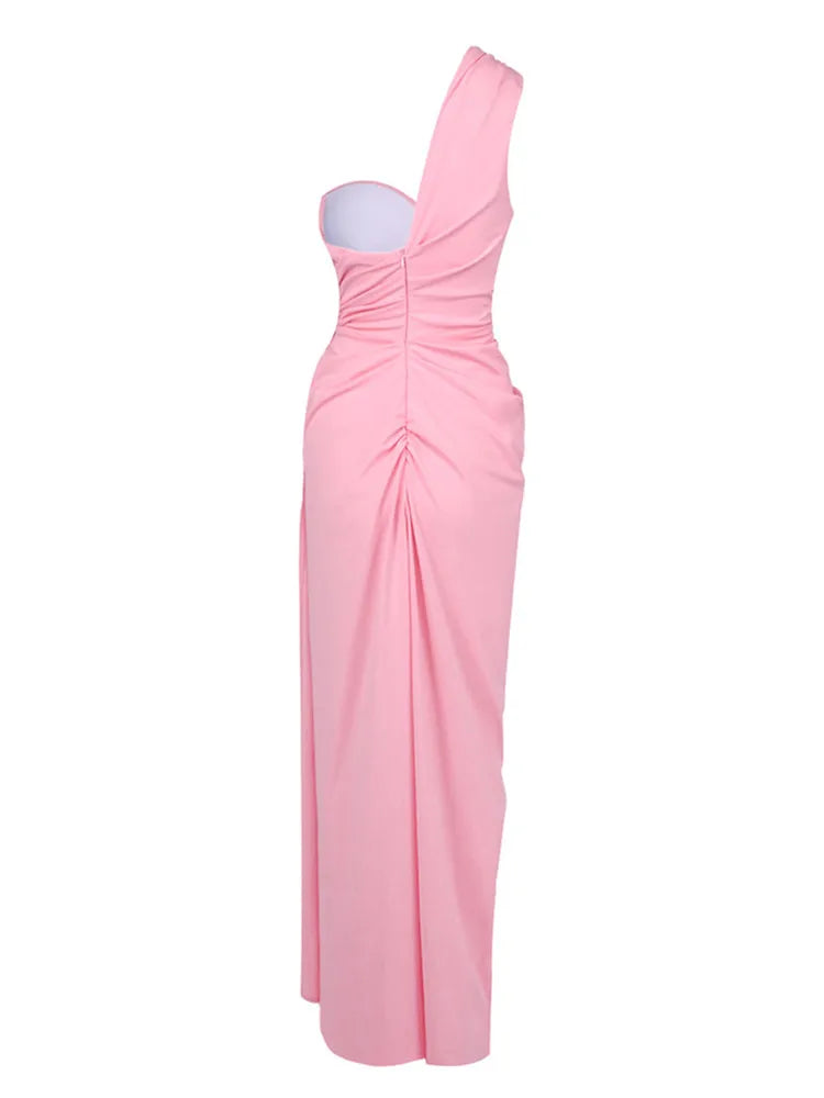 Elegant Pink Ruffle V-Neck Maxi Gown VestiVogue