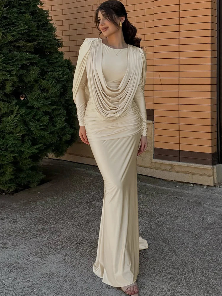 Ruched High-Waist Long Dress with Full Sleeves VestiVogue