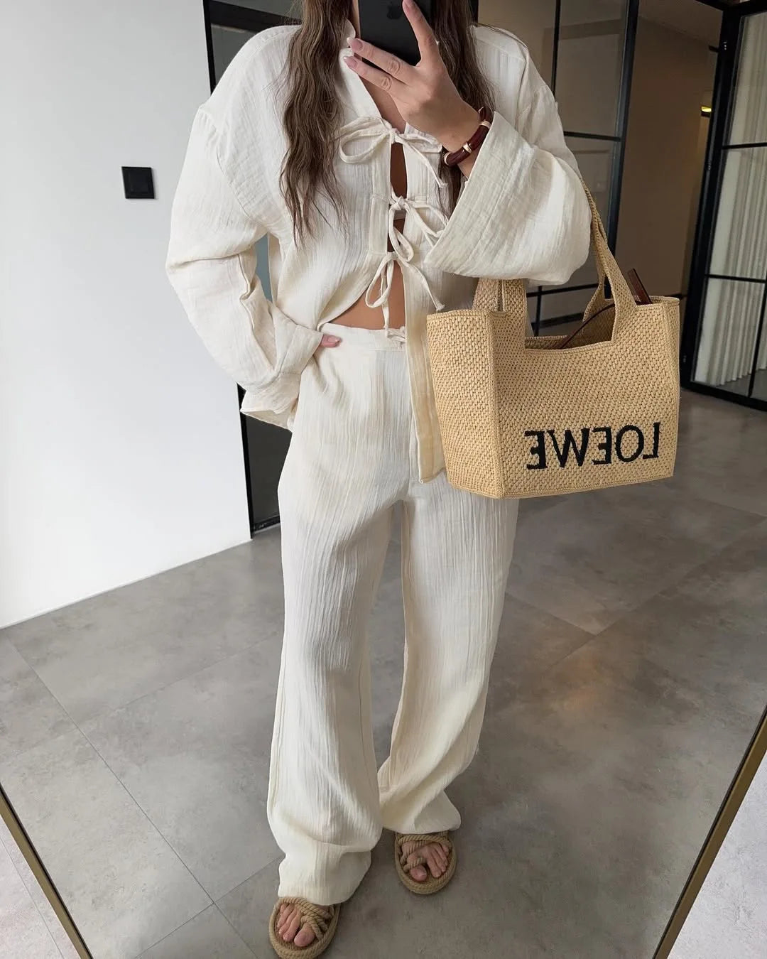 Chic Lace Up V-Neck and Wide Leg Trousers Set VestiVogue