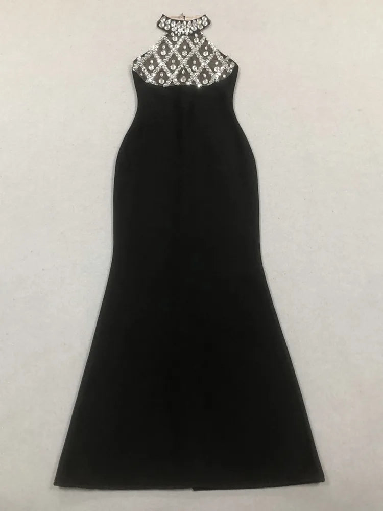 Elegant Black Halter Beaded Bodycon Maxi Dress VestiVogue