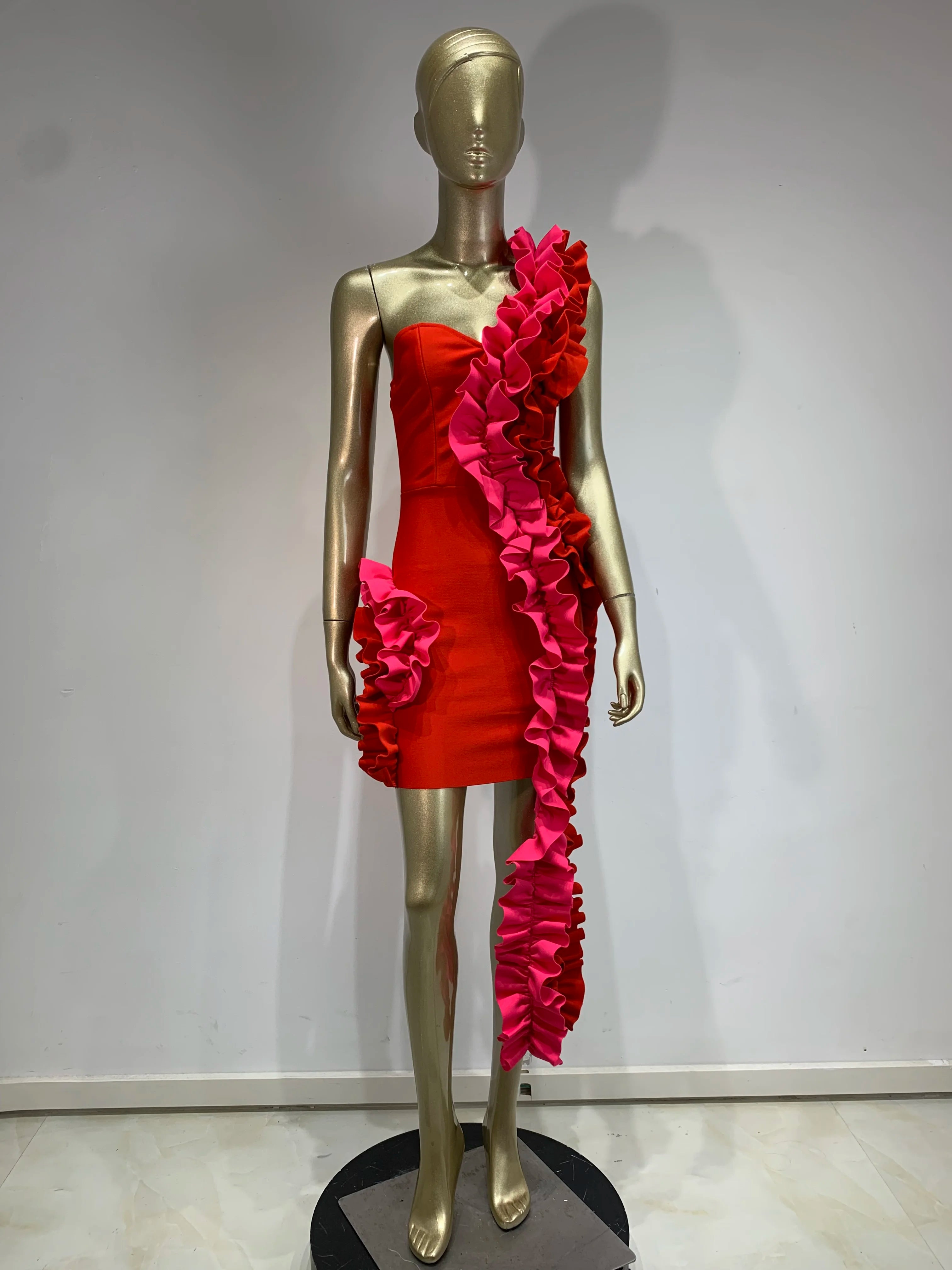 One-Shoulder Red Ruffle Bodycon Dress VestiVogue