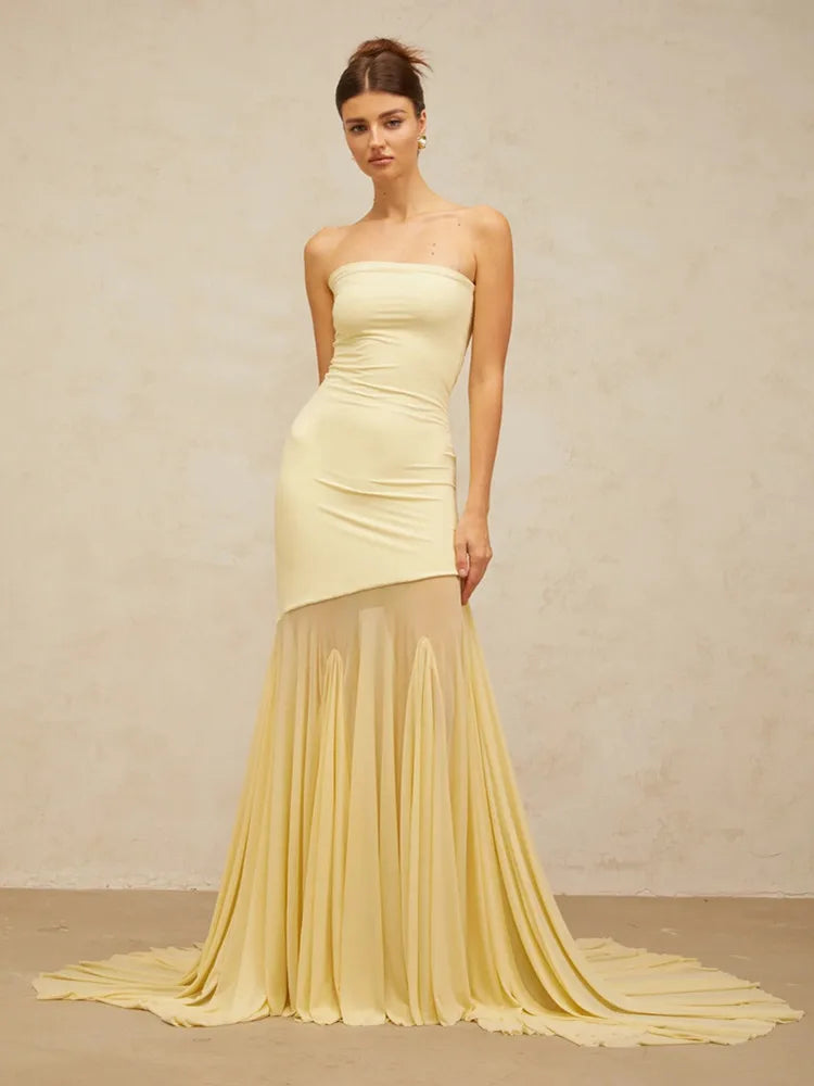 Chic Strapless Yellow Mesh Maxi Gown VestiVogue