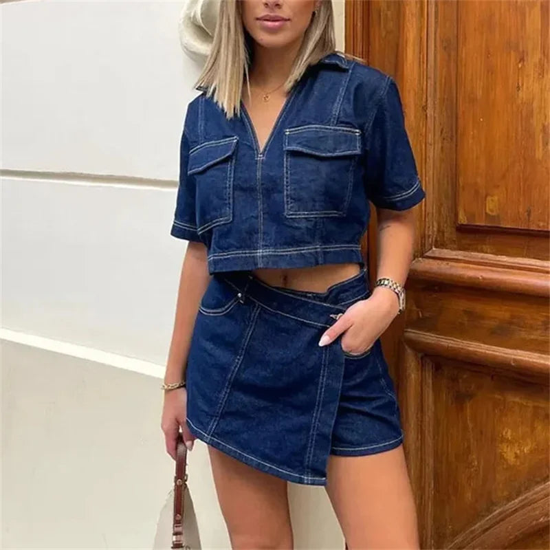 Blue Denim Short Sleeve Cropped Shirt VestiVogue