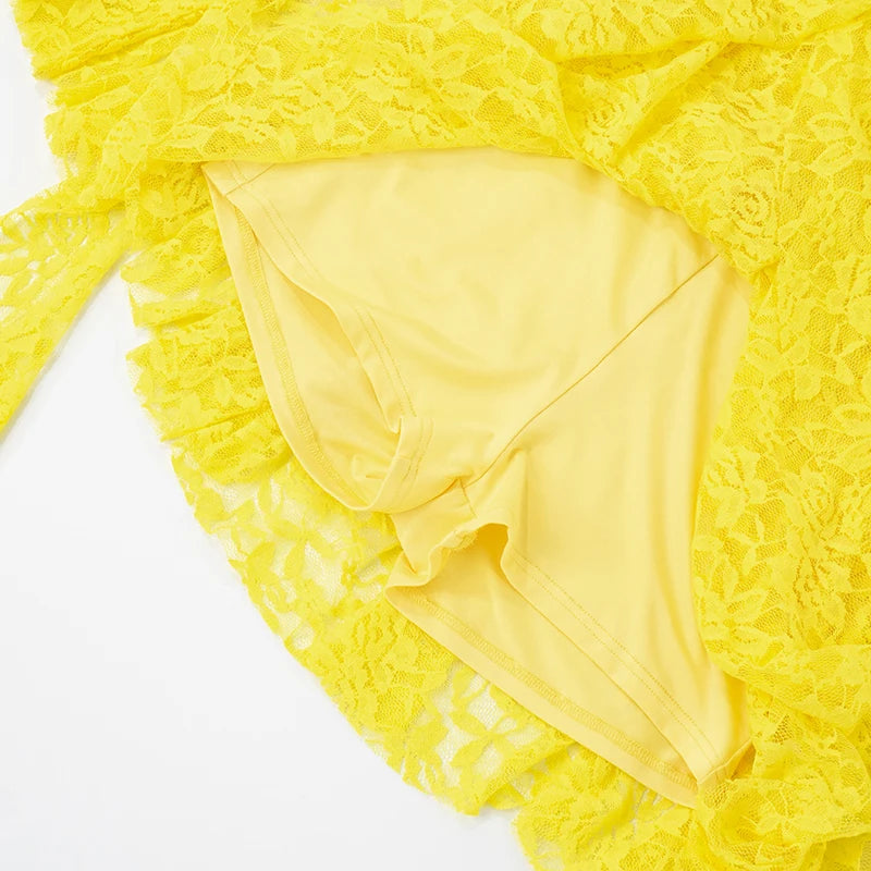 Elegant Patchwork Lace Mini Dress with Ruffle Tie & Flare Sleeves VestiVogue