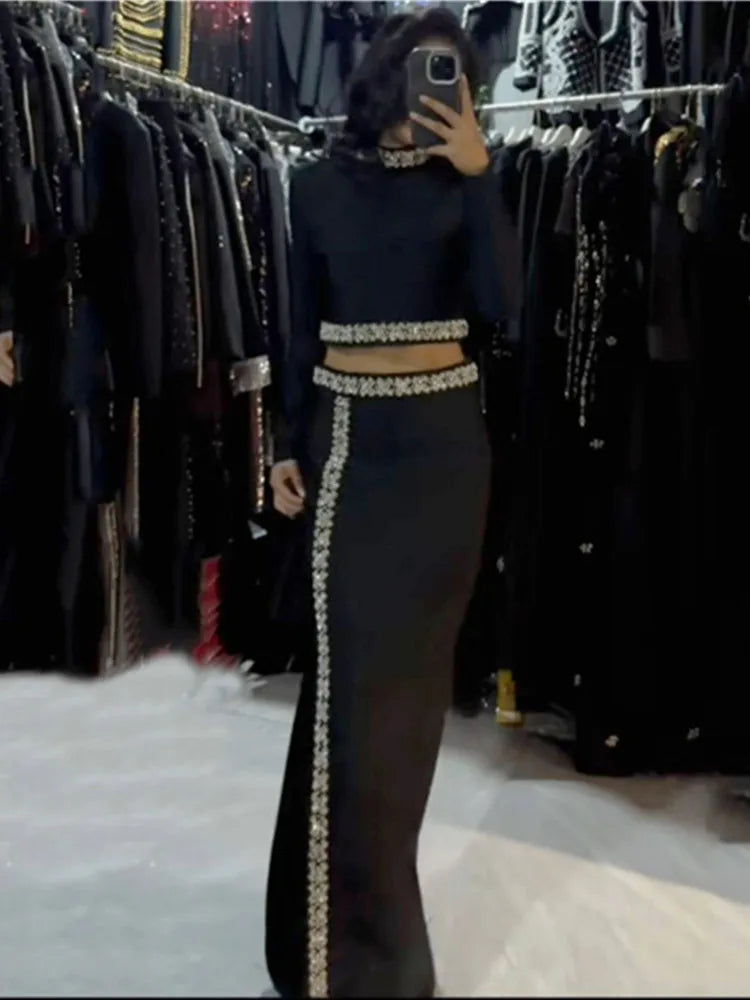 Chic Black Turtleneck Beaded Maxi Two-Piece Set VestiVogue